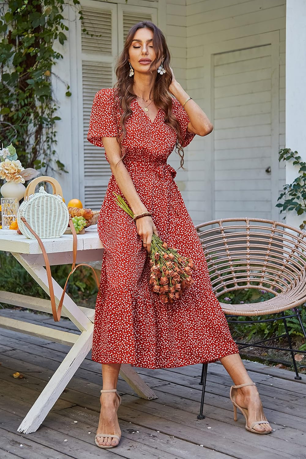 Women'S Floral Summer Dress Wrap V Neck Short Sleeve Belted Ruffle Hem A-Line Bohemian Maxi Dresses