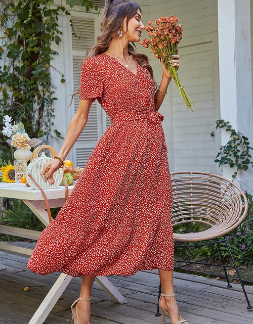 Load image into Gallery viewer, Women'S Floral Summer Dress Wrap V Neck Short Sleeve Belted Ruffle Hem A-Line Bohemian Maxi Dresses
