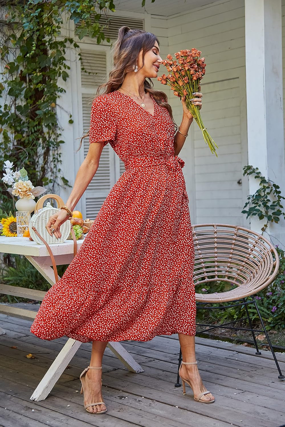 Women'S Floral Summer Dress Wrap V Neck Short Sleeve Belted Ruffle Hem A-Line Bohemian Maxi Dresses