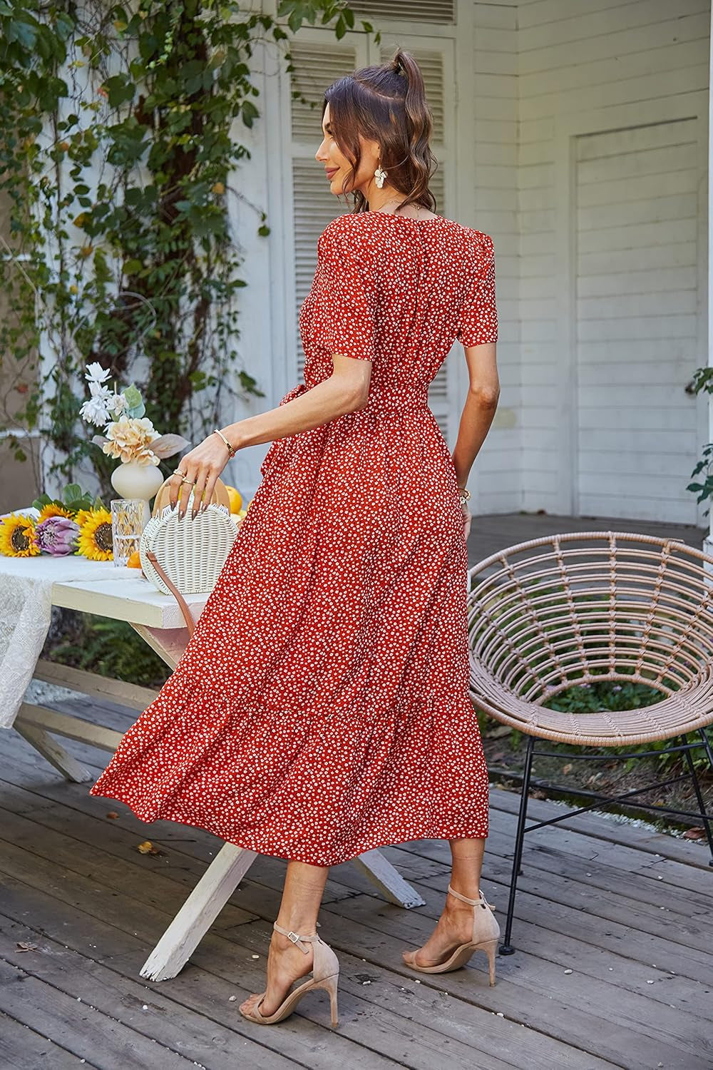 Women'S Floral Summer Dress Wrap V Neck Short Sleeve Belted Ruffle Hem A-Line Bohemian Maxi Dresses