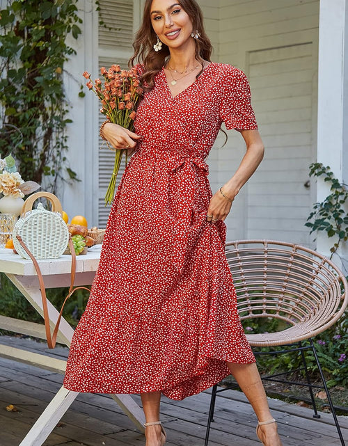 Load image into Gallery viewer, Women'S Floral Summer Dress Wrap V Neck Short Sleeve Belted Ruffle Hem A-Line Bohemian Maxi Dresses
