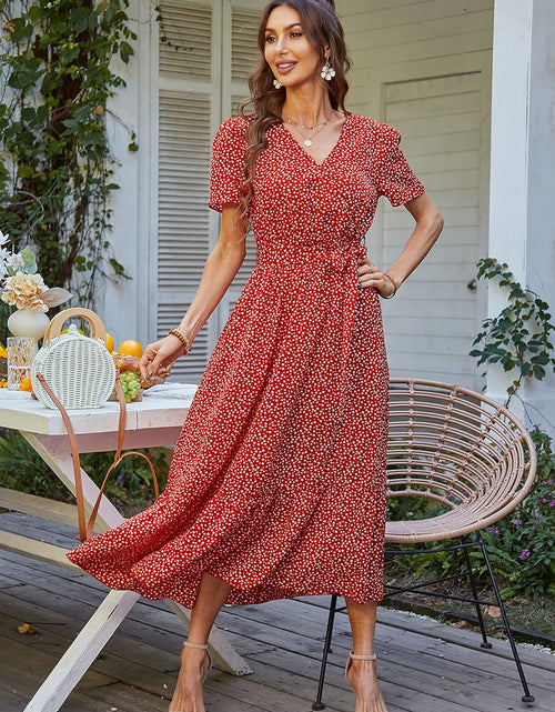 Load image into Gallery viewer, Women'S Floral Summer Dress Wrap V Neck Short Sleeve Belted Ruffle Hem A-Line Bohemian Maxi Dresses
