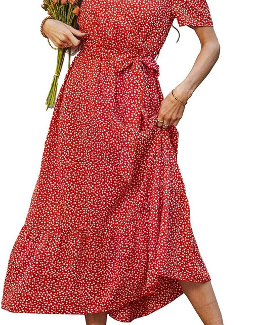 Load image into Gallery viewer, Women'S Floral Summer Dress Wrap V Neck Short Sleeve Belted Ruffle Hem A-Line Bohemian Maxi Dresses
