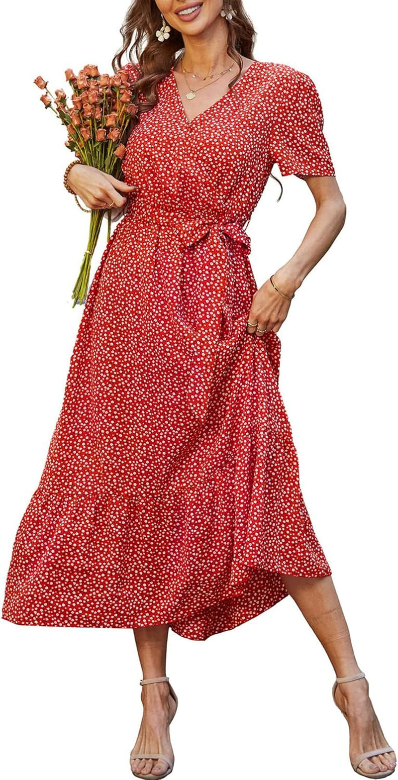 Women'S Floral Summer Dress Wrap V Neck Short Sleeve Belted Ruffle Hem A-Line Bohemian Maxi Dresses