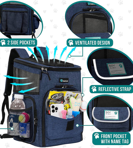 Dog Backpack Carrier, Airline Approved Cat Backpacks for Carrying Small Large Cats, Pet Carrier Back Pack, Ventilated Soft Sided Dog Cat Bookbag for Travel, Hiking, Camping, Navy