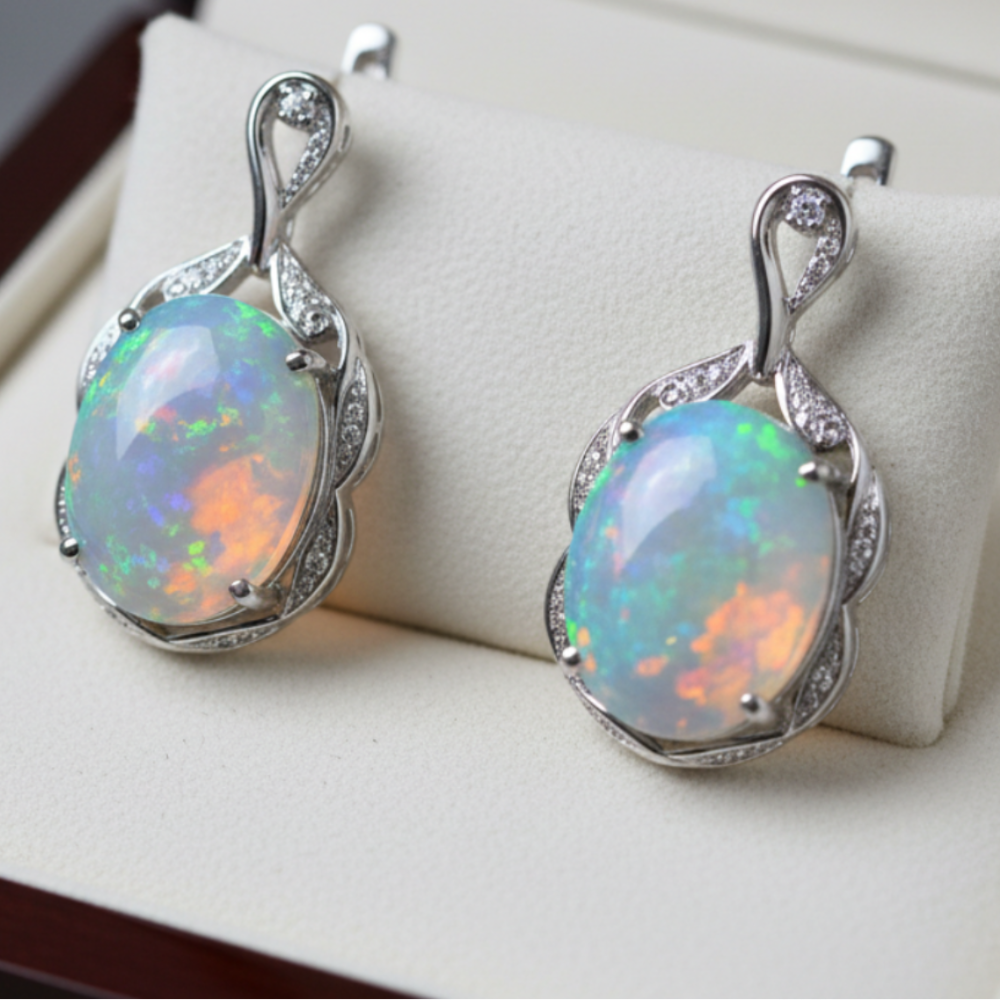 White gold opal earrings in jewerly box